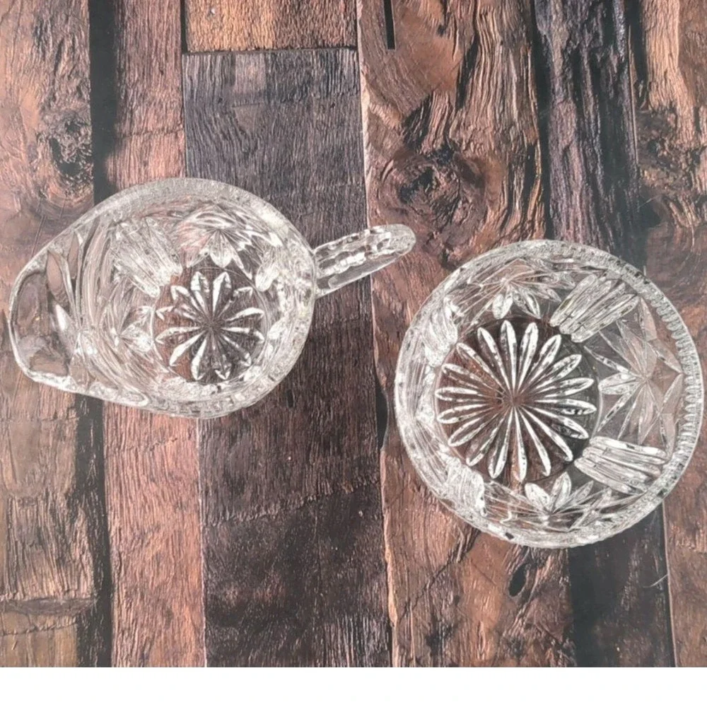 VTG Cut Glass Crystal Creamer & Sugar Bowl Set MCM Starburst Elegant‎ Design